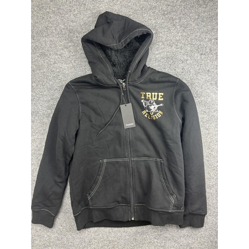 True Religion Hoodie Mens Medium Black Full Zip Fleece Sweatshirt Sherpa Buddha